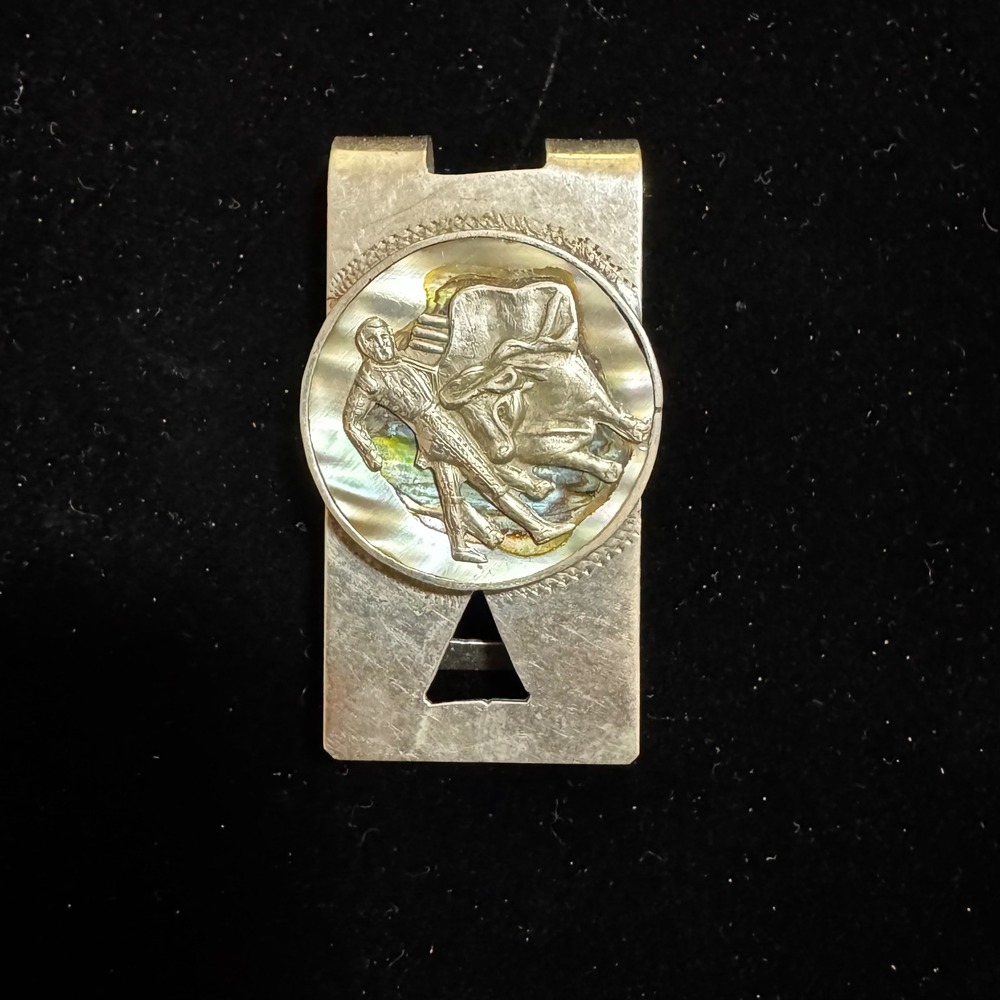 Vintage Sterling Silver Industria Mexicana Abalone Bullfighter Money Clip Mexico